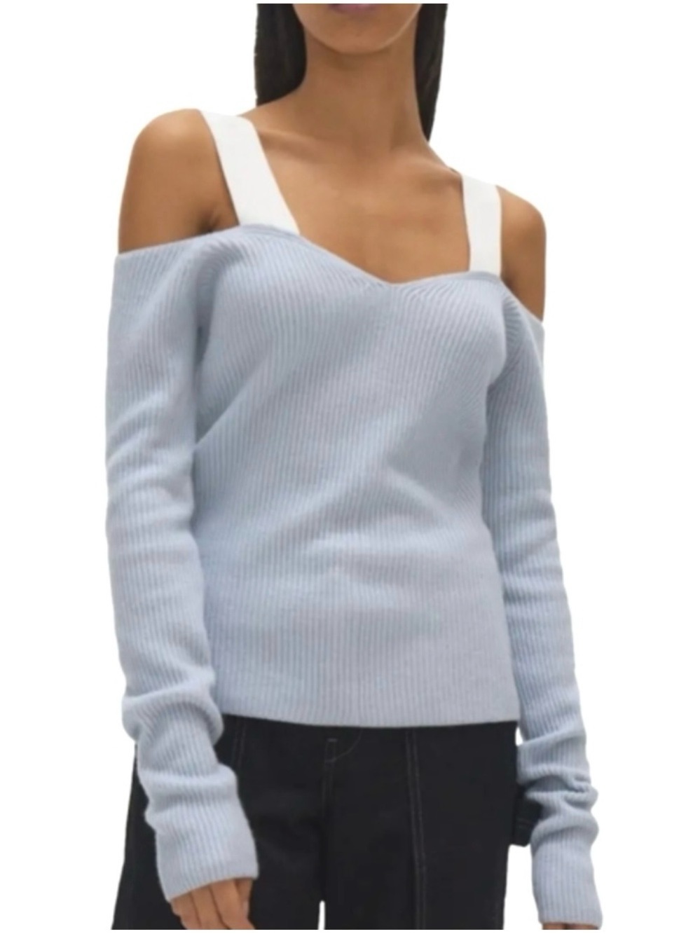NWT $425 Helmut Lang Light Blue Off-Shoulder Ribbed Sweater with White Straps
